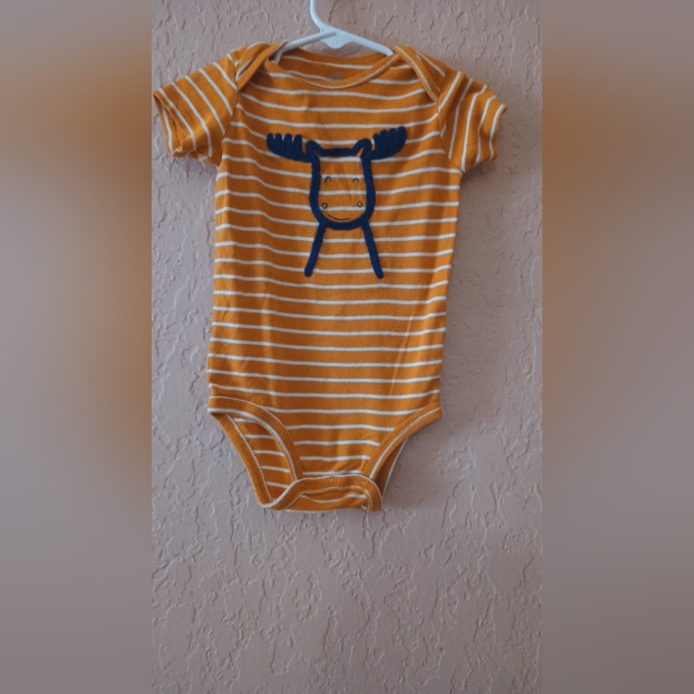 Just One You Mustard striped moose short sleeved bodysuit size 18 months